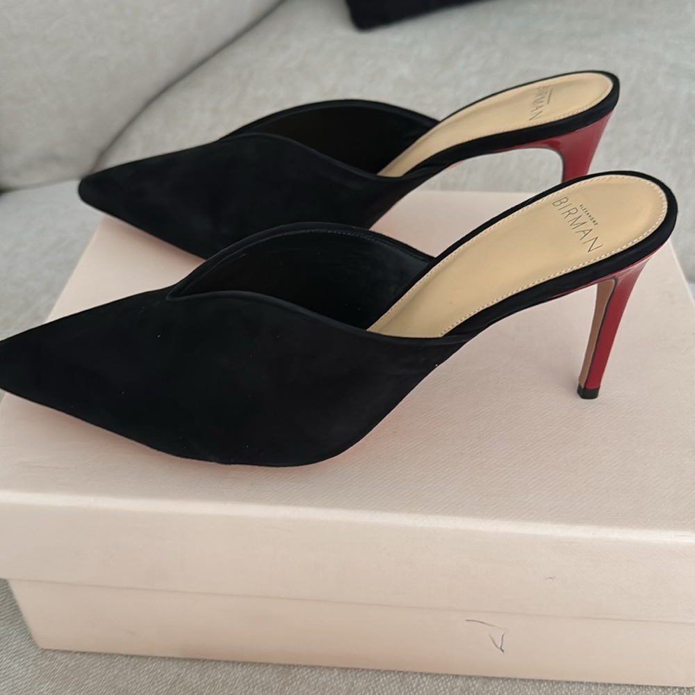 NIB Alexandre Birman black suede maroon red heel mules
